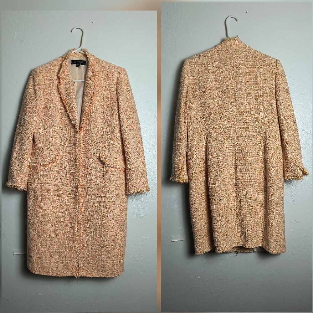 Vintage Kasper Petite 12 Tweed Long Blazer Coat Open Front Edge Pocket Cuffs